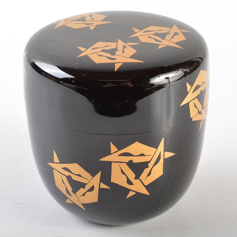 茶道具　輪島塗　岡本陽斎作　鱗鶴蒔絵　黒中棗　共箱　V　R5809