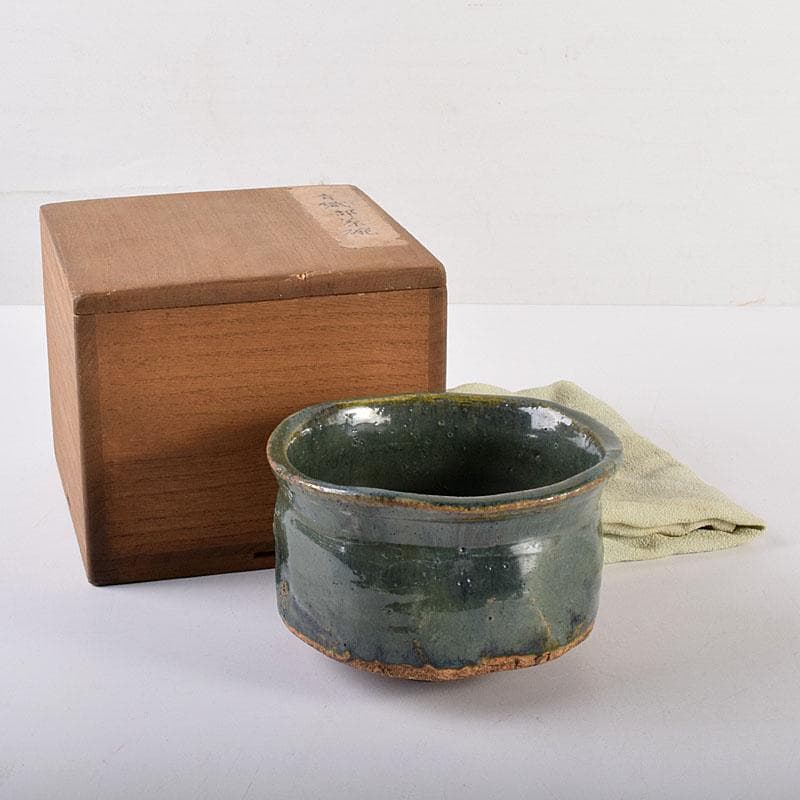茶道具　織部焼　青織部茶碗　時代箱　V　R7870