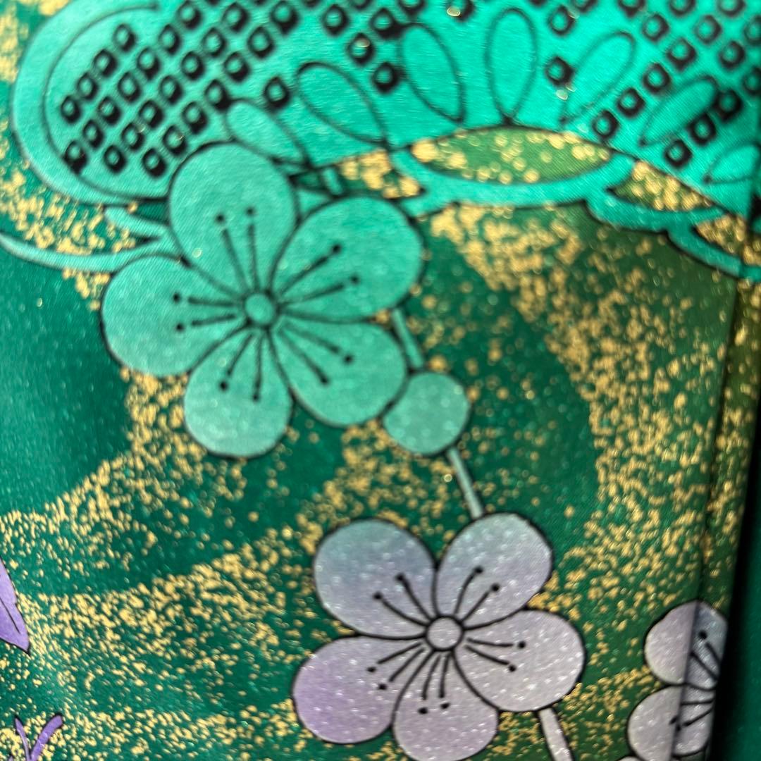 豪華振袖10点フルセット　緑系　ラメ　金彩 松竹梅　牡丹　つけ袖黒レース　可愛い