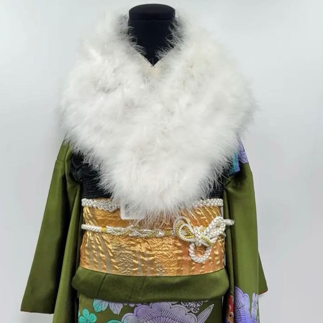 豪華振袖10点フルセット　緑系　ラメ　金彩 松竹梅　牡丹　つけ袖黒レース　可愛い