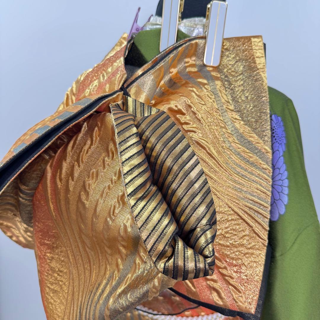 豪華振袖10点フルセット　緑系　ラメ　金彩 松竹梅　牡丹　つけ袖黒レース　可愛い