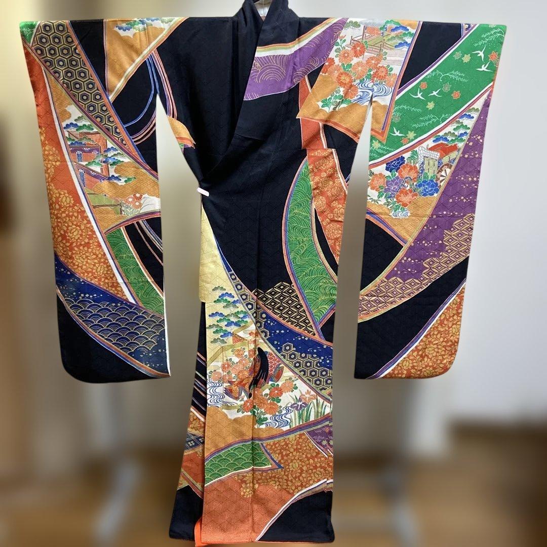 A 振袖　袷　正絹　黒地　お姫様　御所車　菊　菖蒲　着物　和装　和物　成人式