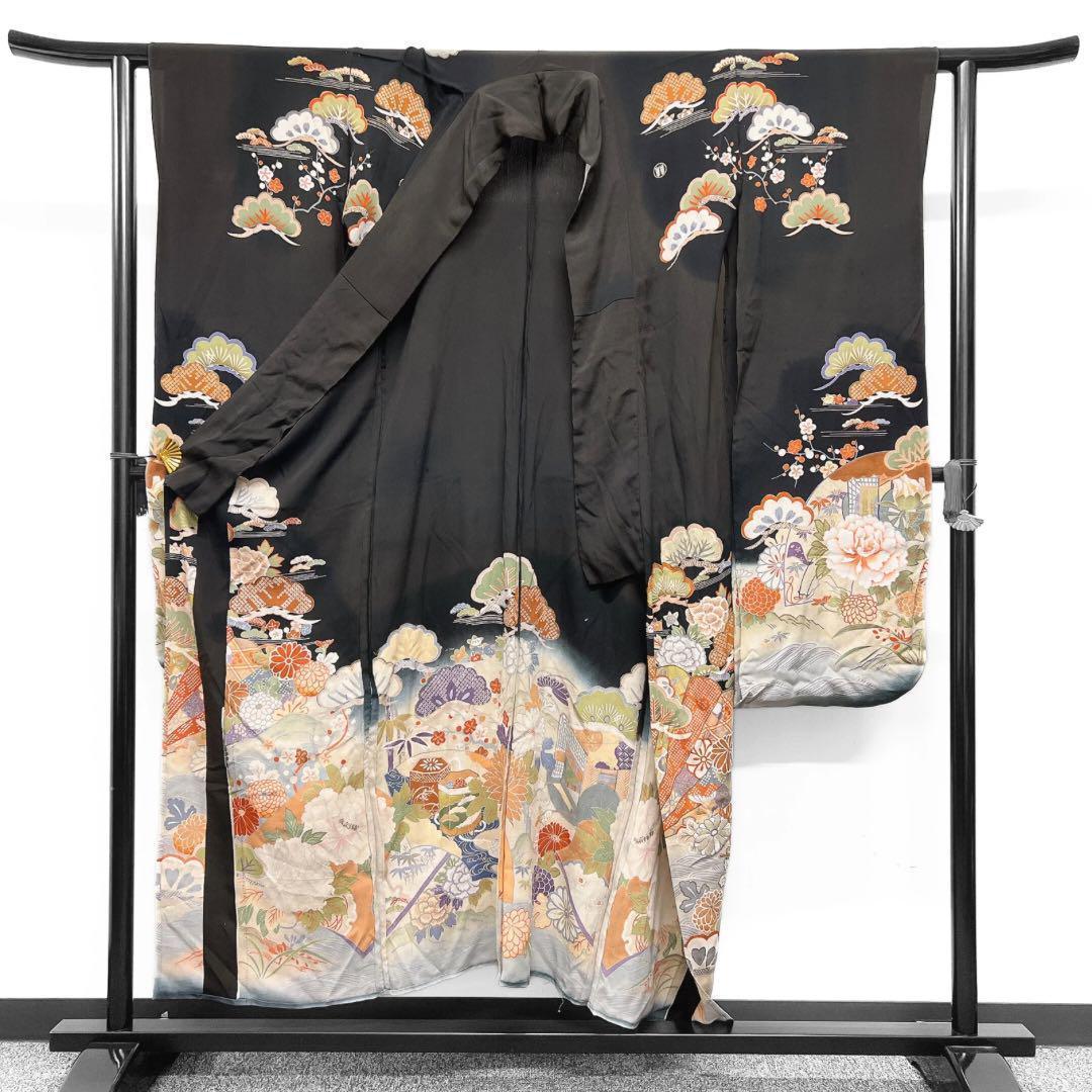 振袖　アンティーク　単衣　貝桶　御所車　花模様　着物　024w