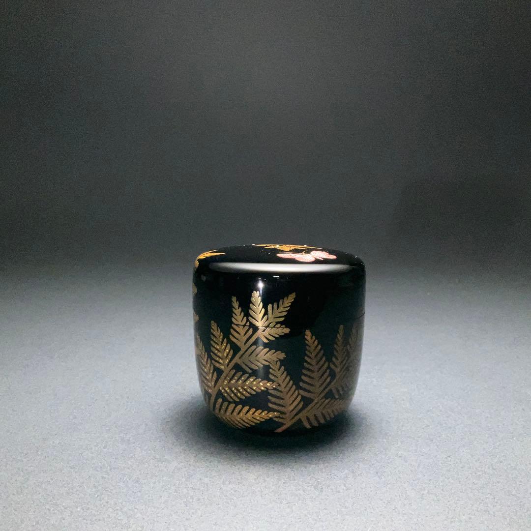 棗　池田喜一　加賀蒔絵　蝶にシダ　共箱　R1327ダN3