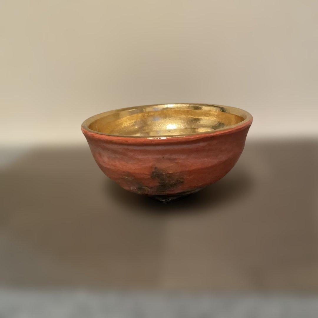 嶋台茶碗　佐々木松楽造　赤楽金銀　楽茶碗