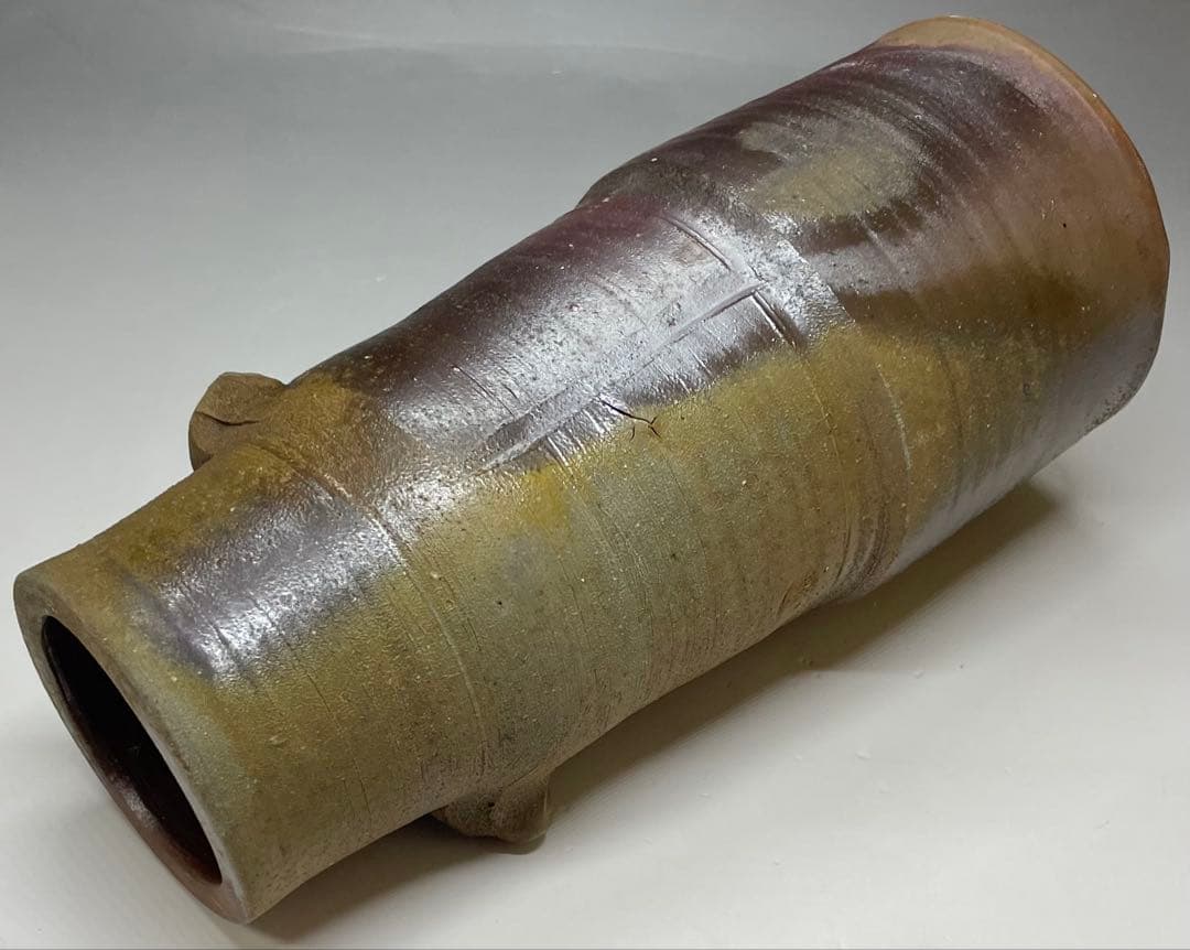 人間国宝　藤原雄　備前花入　耳付花入　備前焼　共箱(四方桟盛蓋) 栞　C 313