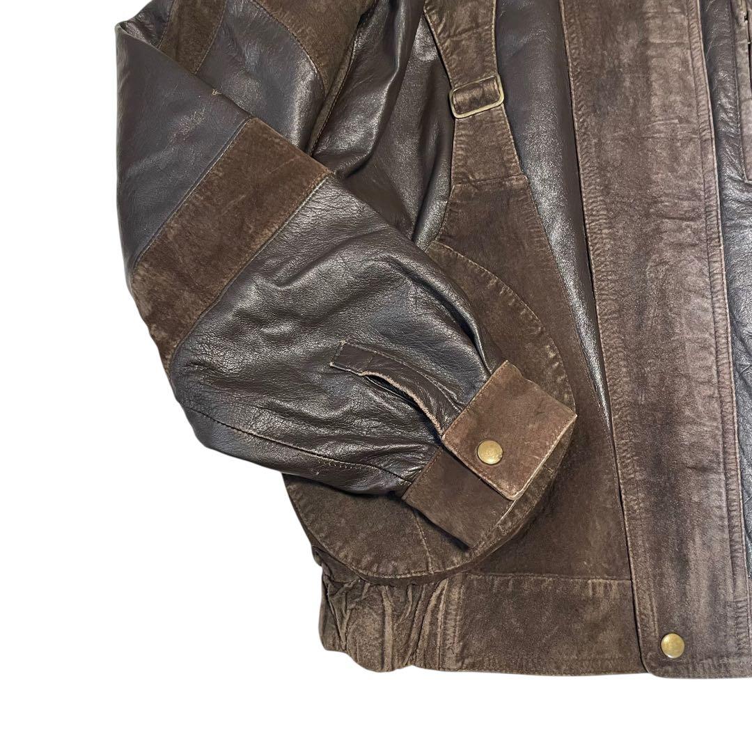 【LUXURY】羊革 ラムレザーライダースジャケット スウェード切替 ブラウンL