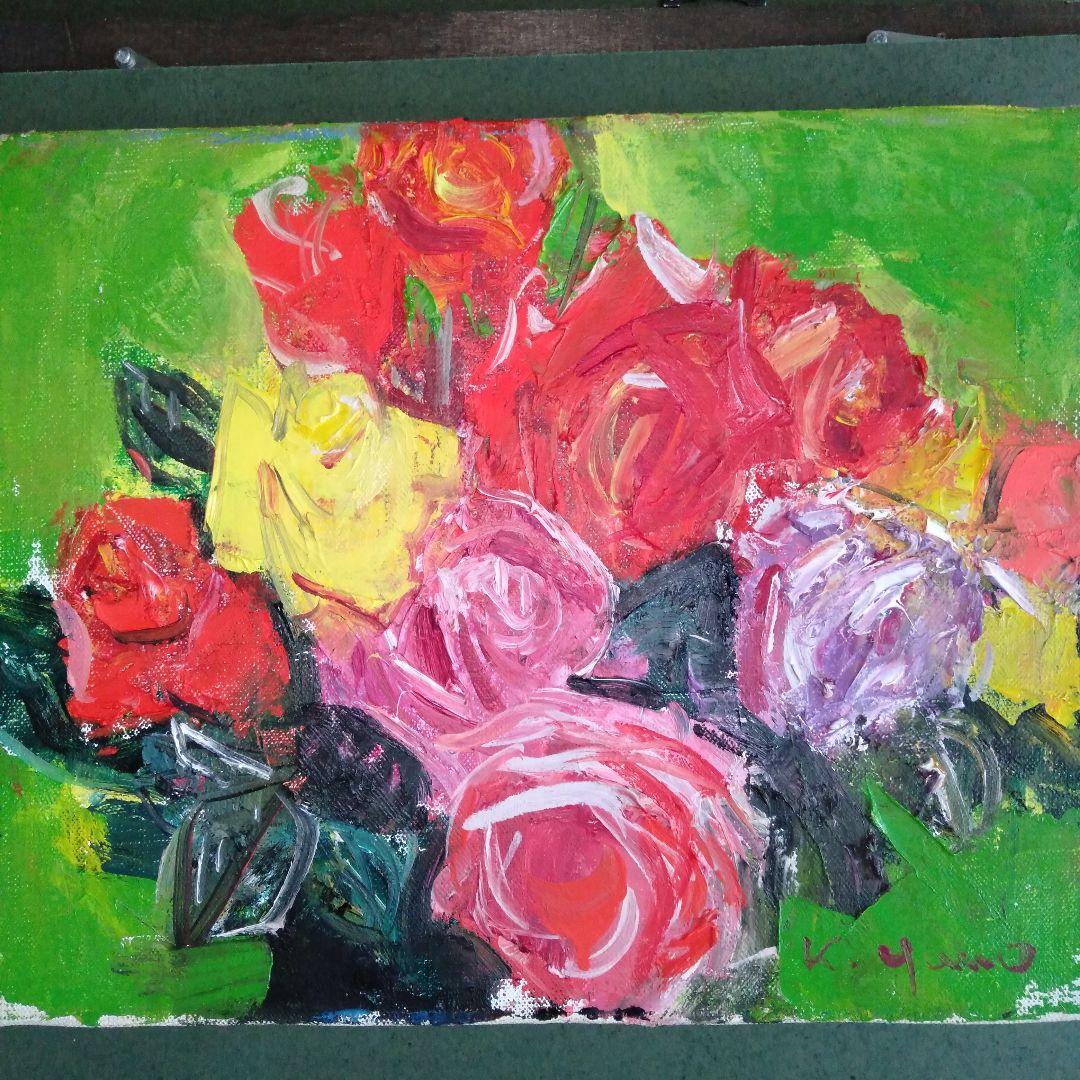 安井賞画家　矢野欣二　「バラ」　油彩画 　木製額縁付き 　F3号　箱付き