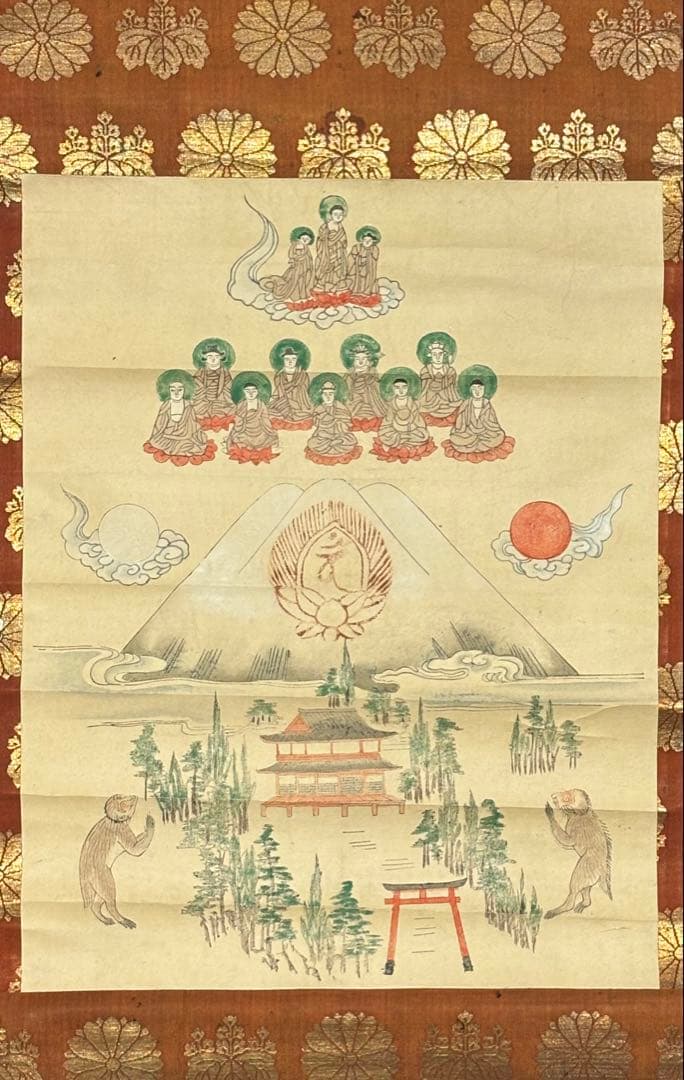 「富士曼荼羅」彩色木版画 掛軸1幅|掛け軸 木版刷り 江戸時代 富士山 冨士