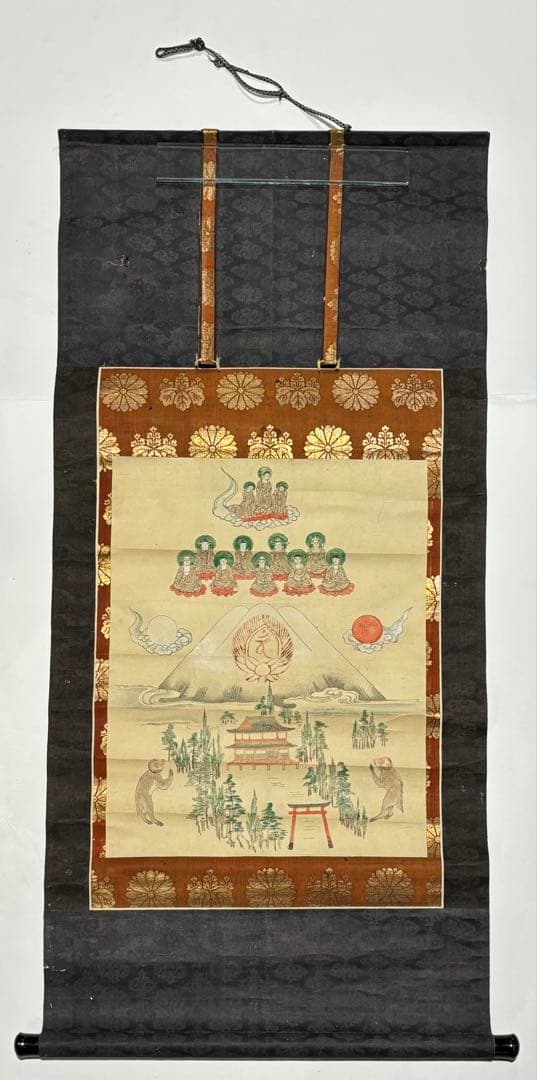 「富士曼荼羅」彩色木版画 掛軸1幅|掛け軸 木版刷り 江戸時代 富士山 冨士