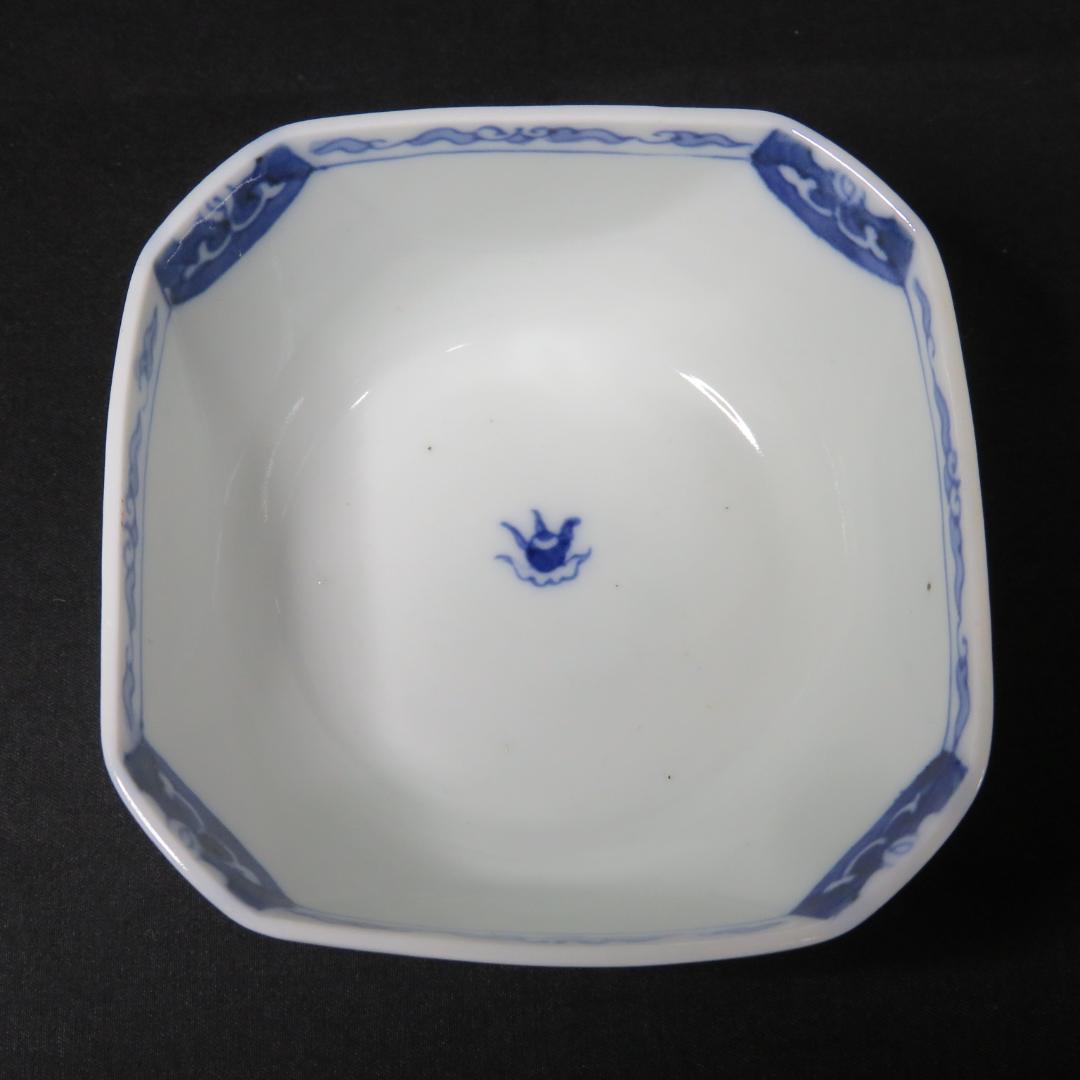 向付 3客 染付 色絵付 花唐草 角向付 窯傷 歪み