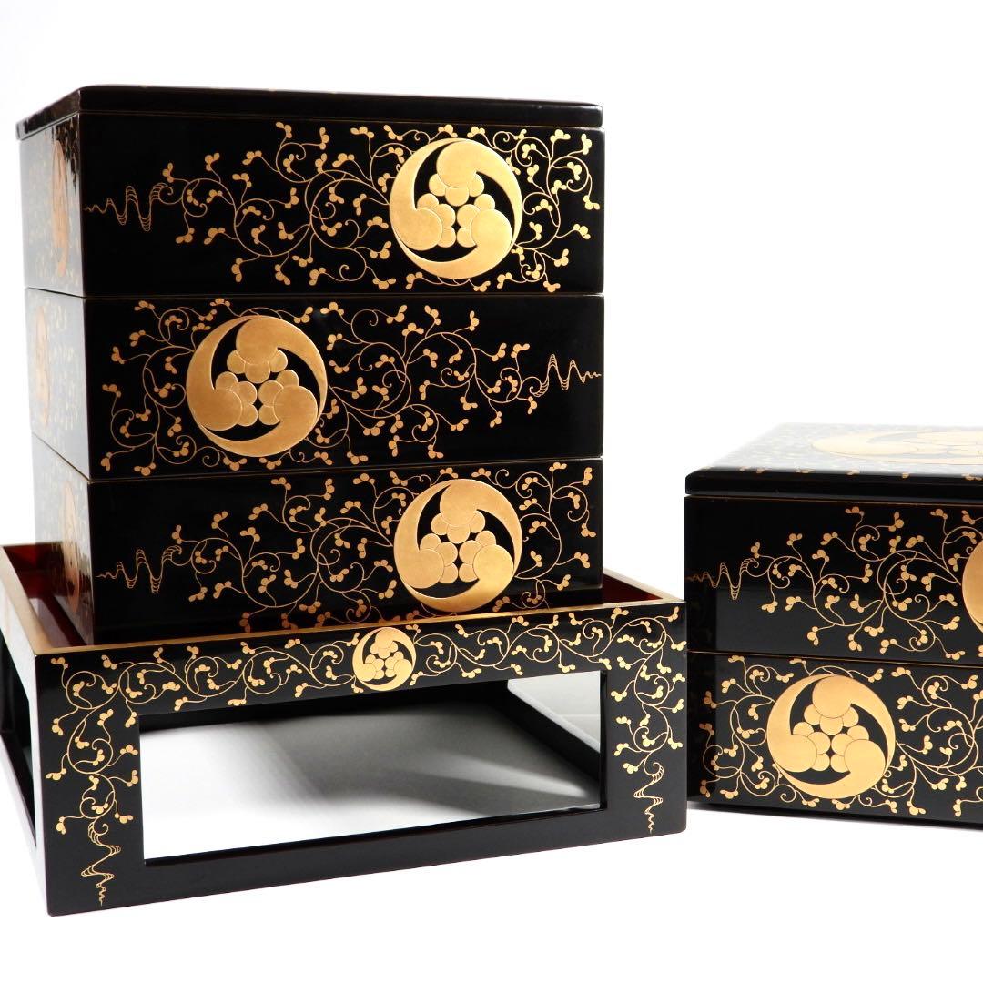 茶道具 輪島塗 上等黒内梨地金蒔絵 五段重 重箱