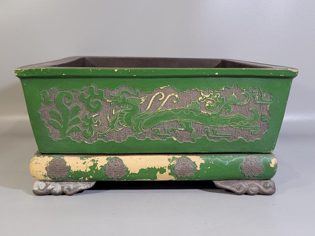 中国美術 紫泥 古代騎馬紋 花盆 植木鉢 台付 在印 DT410