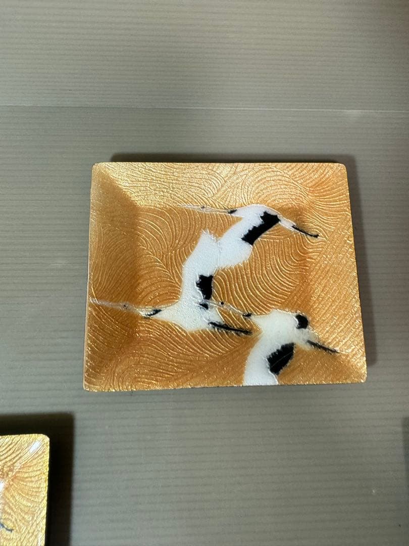 2936 七宝焼　金地双鶴　角皿　5客