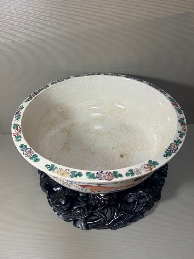 2175 骨董　色絵魚文　金魚鉢　花台付き　根木風　時代物