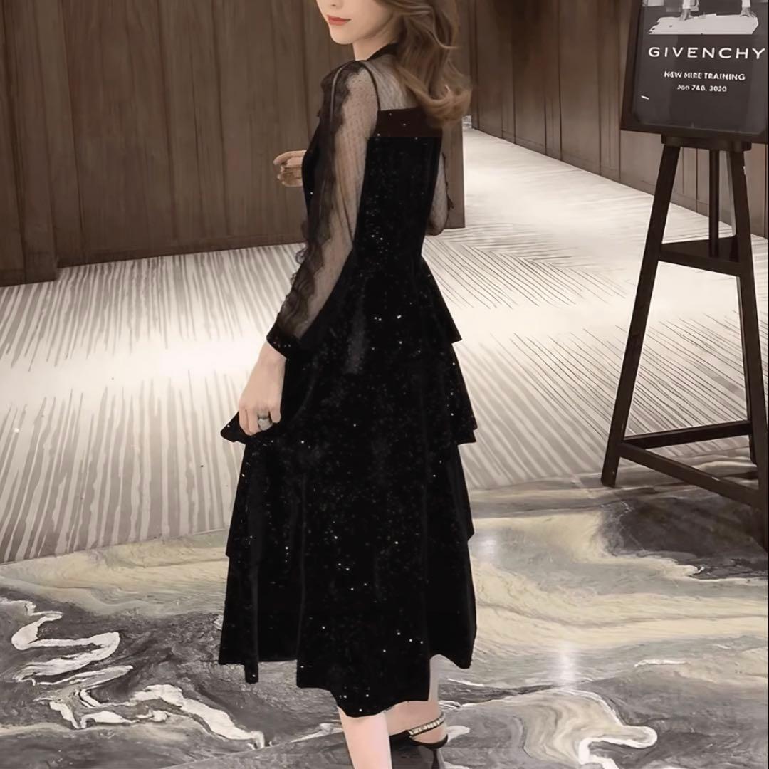 ベロア ロングワンピース 長袖 シースルー 結婚式 パーティードレス お呼ばれ