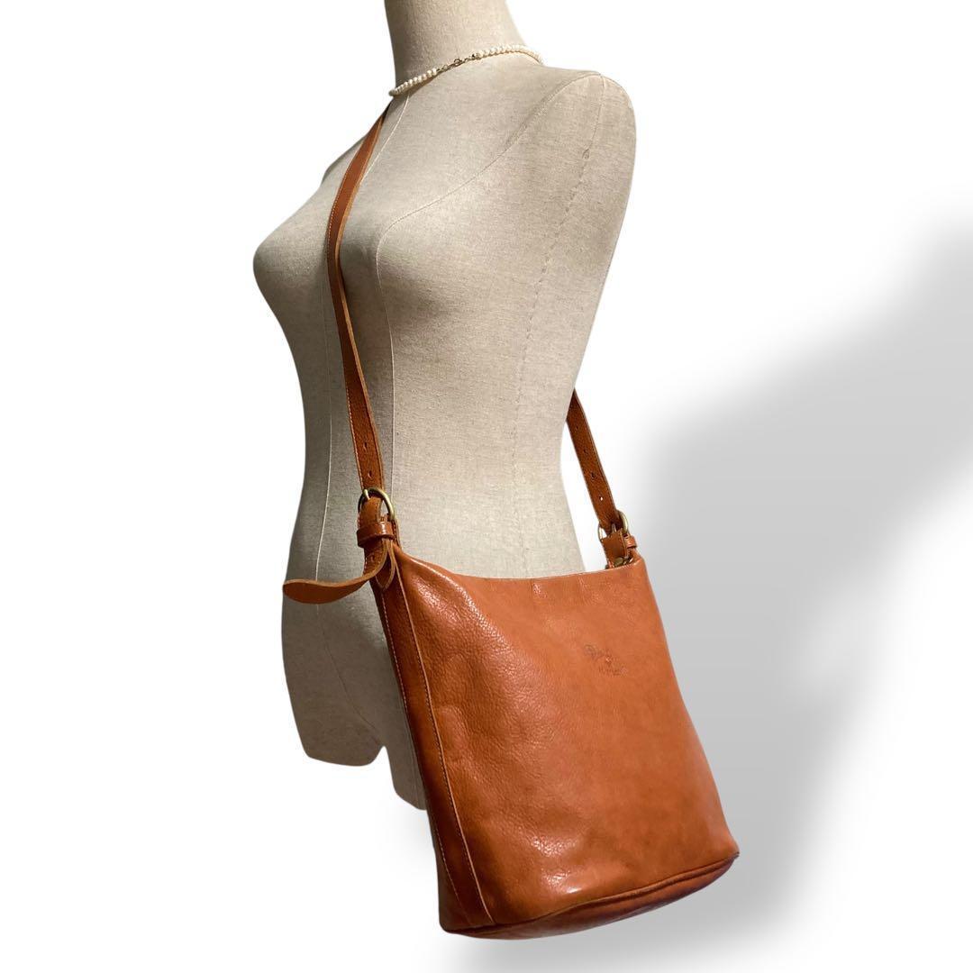 【美品】イルビゾンテ　バケツ型　ショルダーバッグ　オールレザー　ロゴ型押し　茶