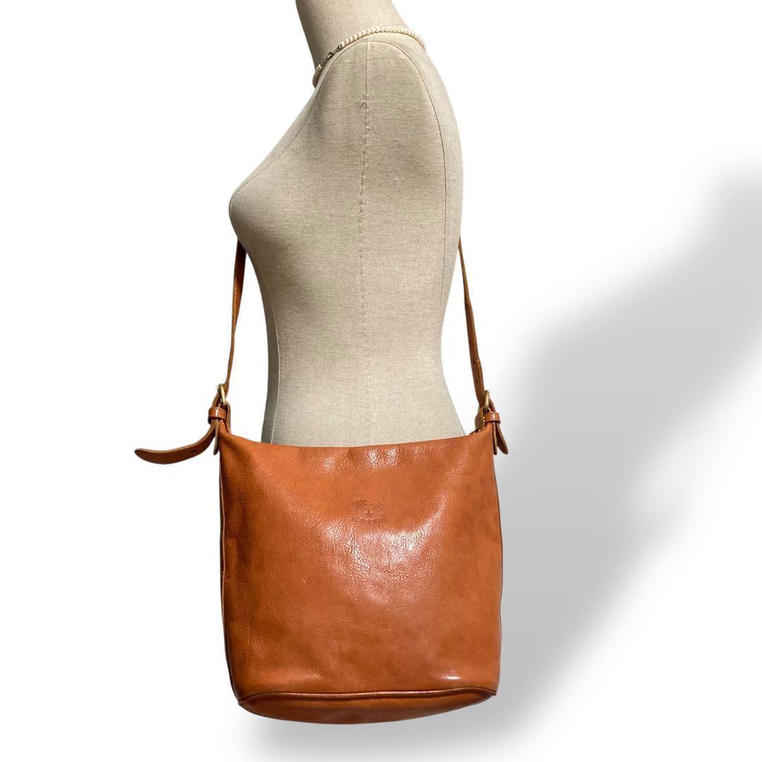 【美品】イルビゾンテ　バケツ型　ショルダーバッグ　オールレザー　ロゴ型押し　茶