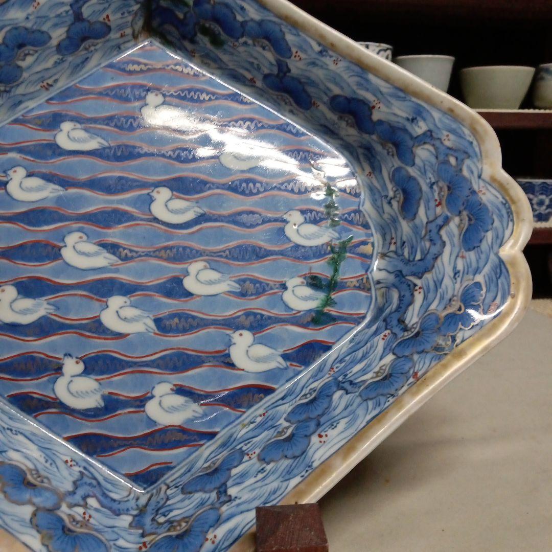 古伊万里　色絵染付　珍品　五葉松縁　波千鳥文　擬宝珠型皿　変形皿　尺皿　江戸後期