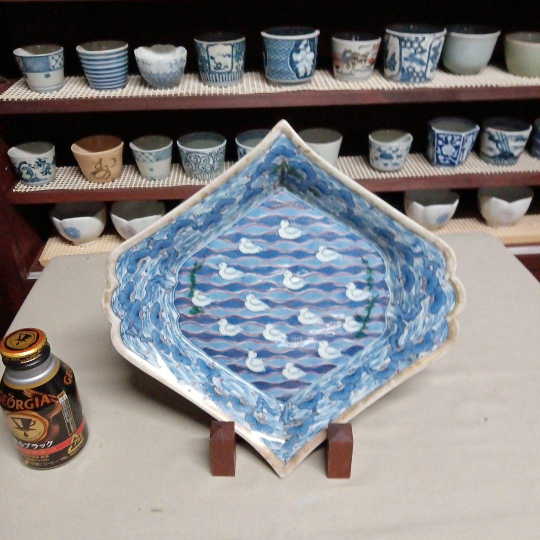 古伊万里　色絵染付　珍品　五葉松縁　波千鳥文　擬宝珠型皿　変形皿　尺皿　江戸後期