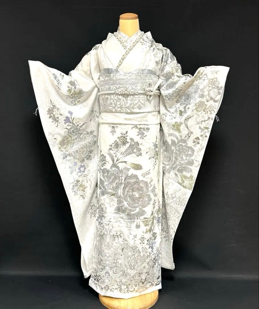 関芳　桂由美　白地薔薇シルバー振袖フルセット