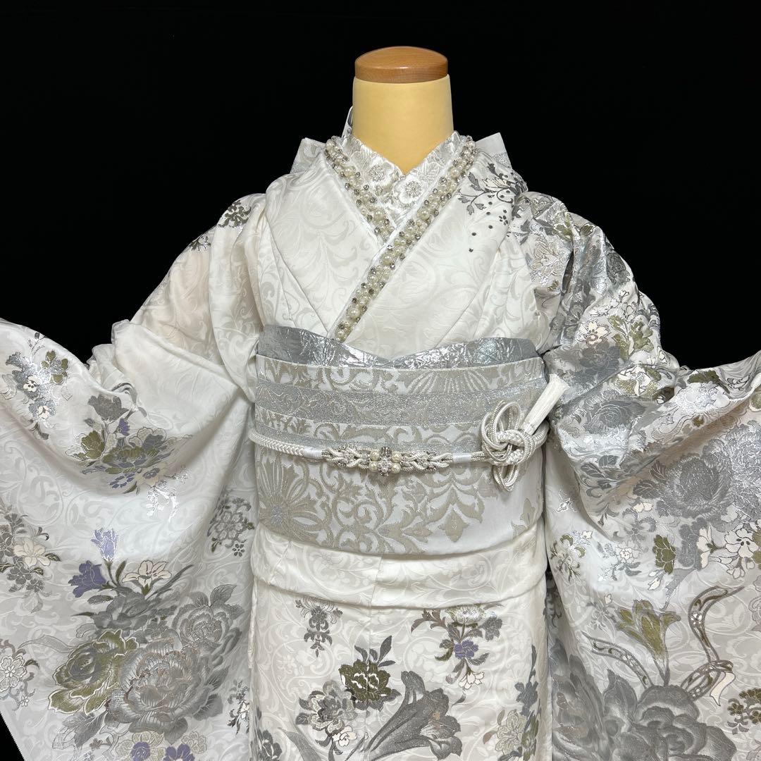 関芳　桂由美　白地薔薇シルバー振袖フルセット