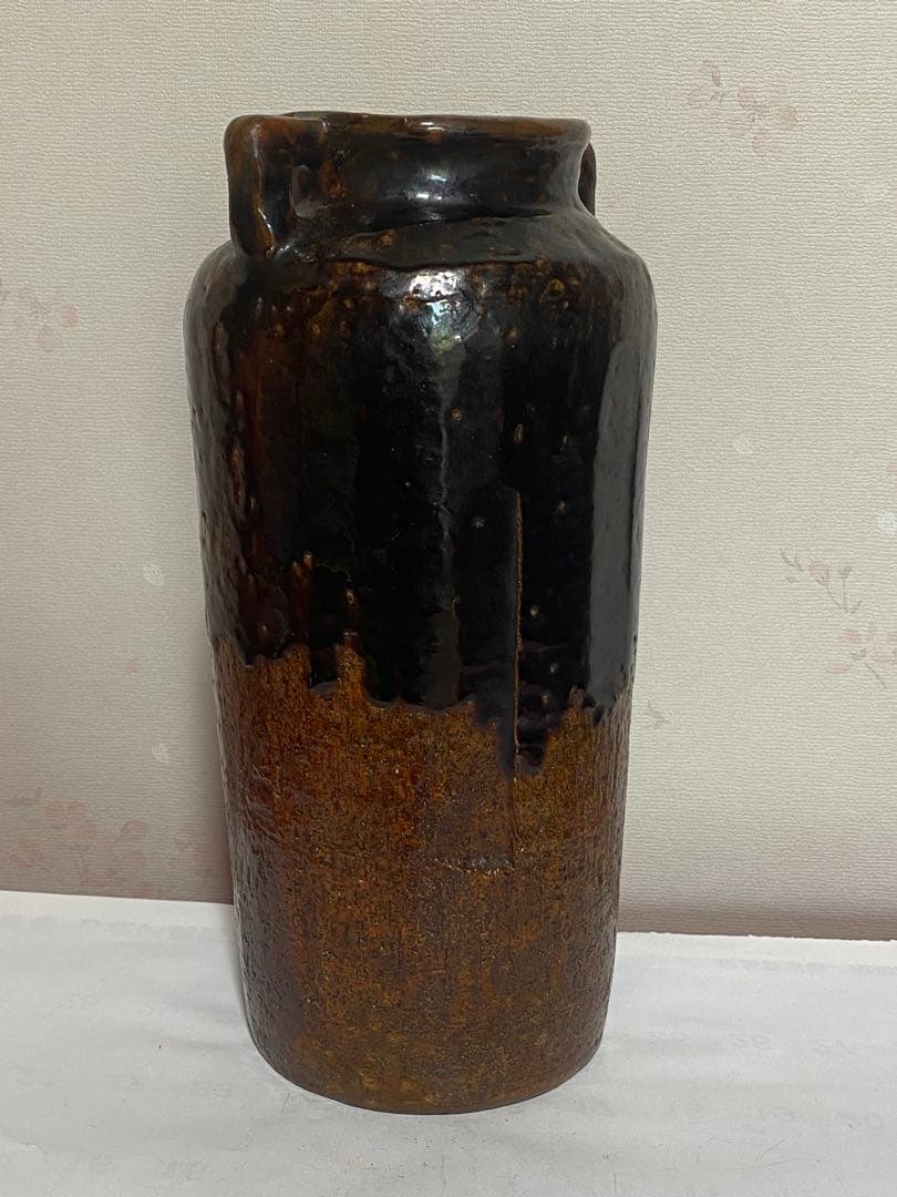 ♦希少！大樋焼 時代物 飴釉箆面取り 双耳壺 瓶 華道 茶道具 花生け 骨董品