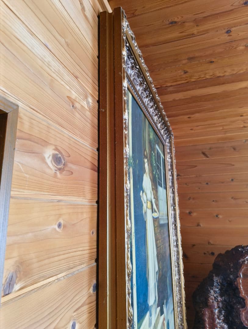 大型絵画　金縁額縁入り　女性絵　鶏　窓　アンティーク　洋風　油絵　洋間　ホテル