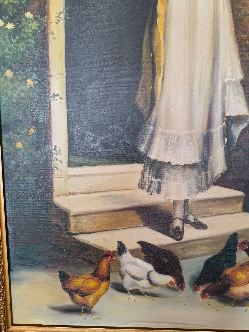 大型絵画　金縁額縁入り　女性絵　鶏　窓　アンティーク　洋風　油絵　洋間　ホテル