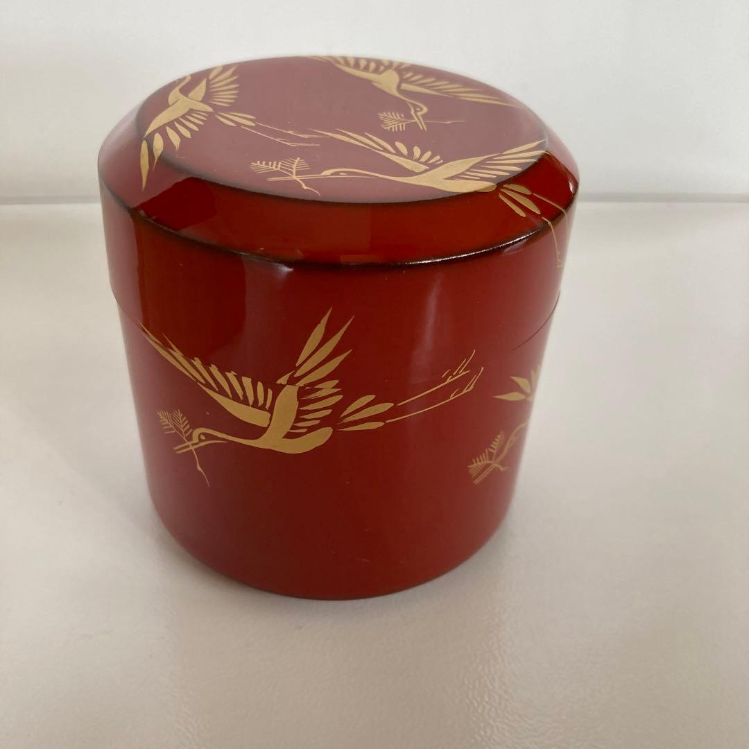 松喰鶴蒔絵　朱塗吹雪茶入れ　茶道具