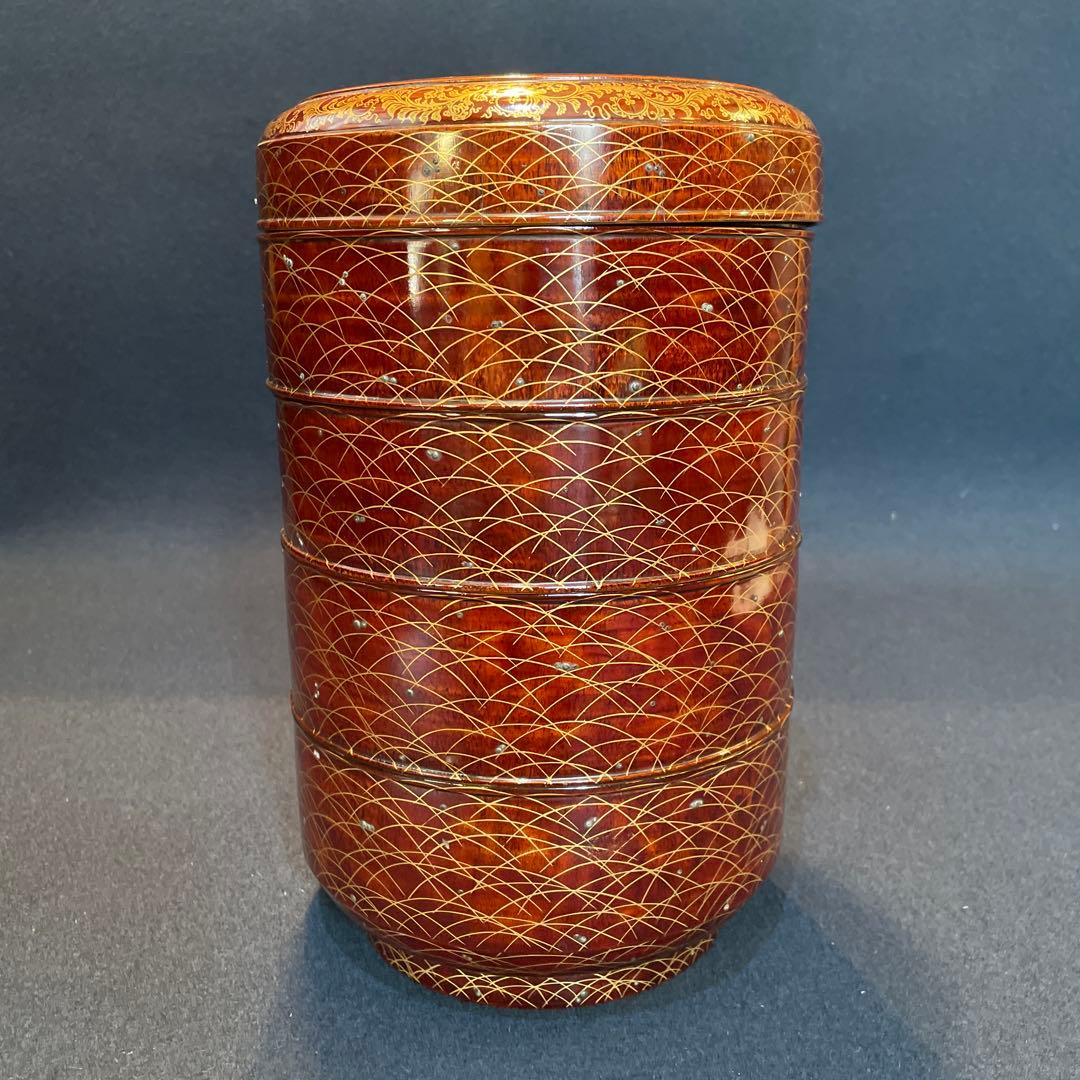 時代物「秋草に露 蒔絵」の『丸型重箱』仕覆・共箱付※美品　重箱　野弁当箱　漆器