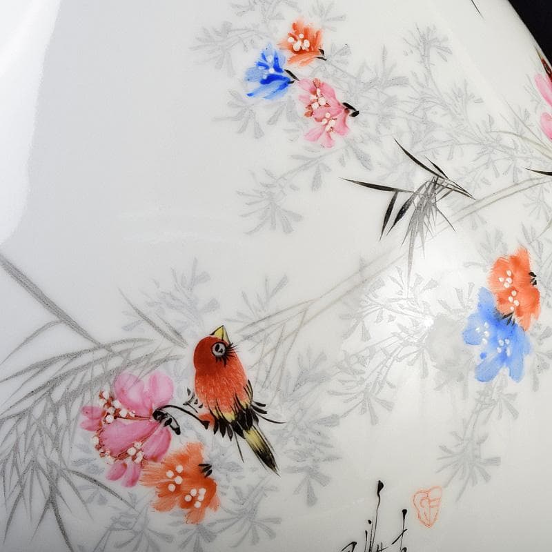 中国　余海犮作　景徳鎮製款　粉彩　漢詩花鳥文　玉壺春瓶　証明書付　MR9302B