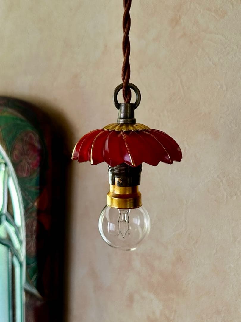 1920年代 フランス アンティーク クランベリーガラスの螺旋模様アトリエランプ