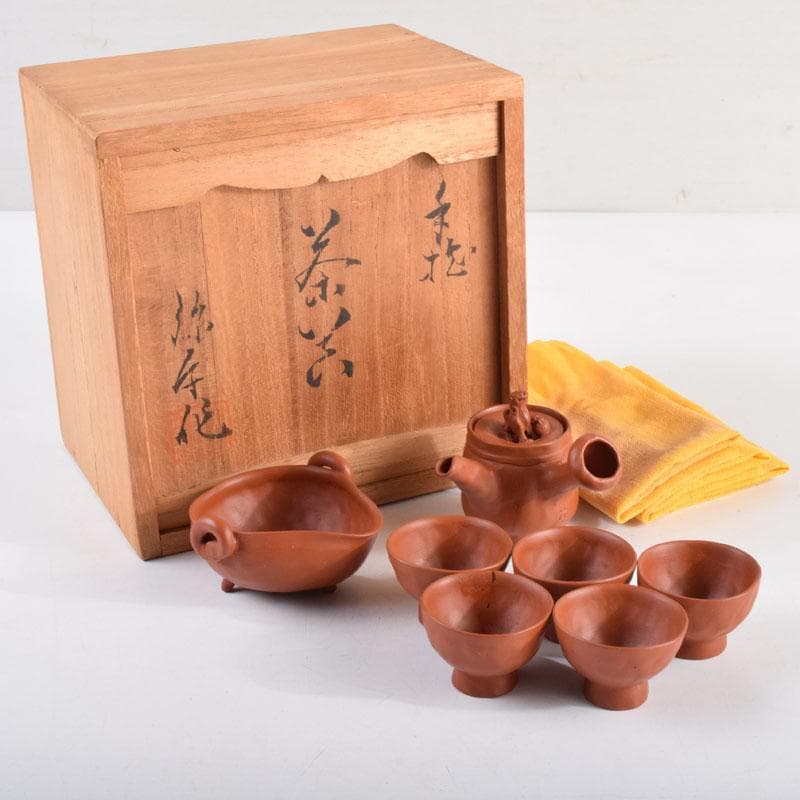 常滑焼　間野弥平作　朱泥　手捻り　小さな茶器揃　共布共箱　V　8964