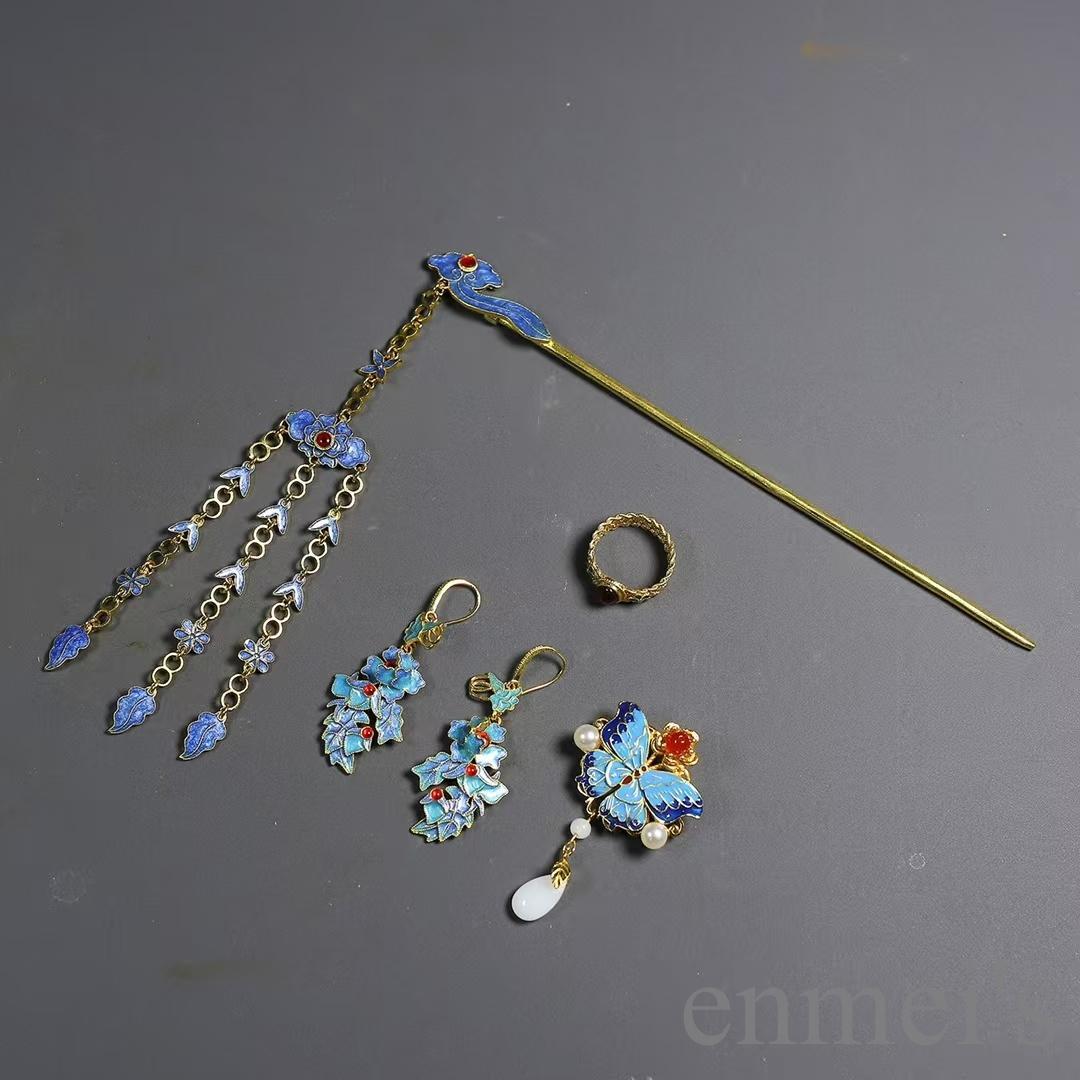 中国古美術 鍍金 純銅製 景泰藍 装身具 首飾一式 簪・耳飾・胸飾・指輪 古賞物