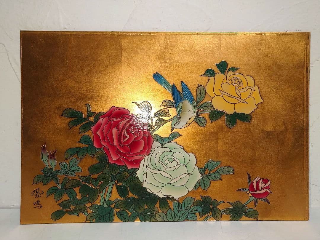 宮越鳳鳴 加賀金箔七宝工芸彫 薔薇 バラ ばらroseローズ 鳥 銅板金工 彫金