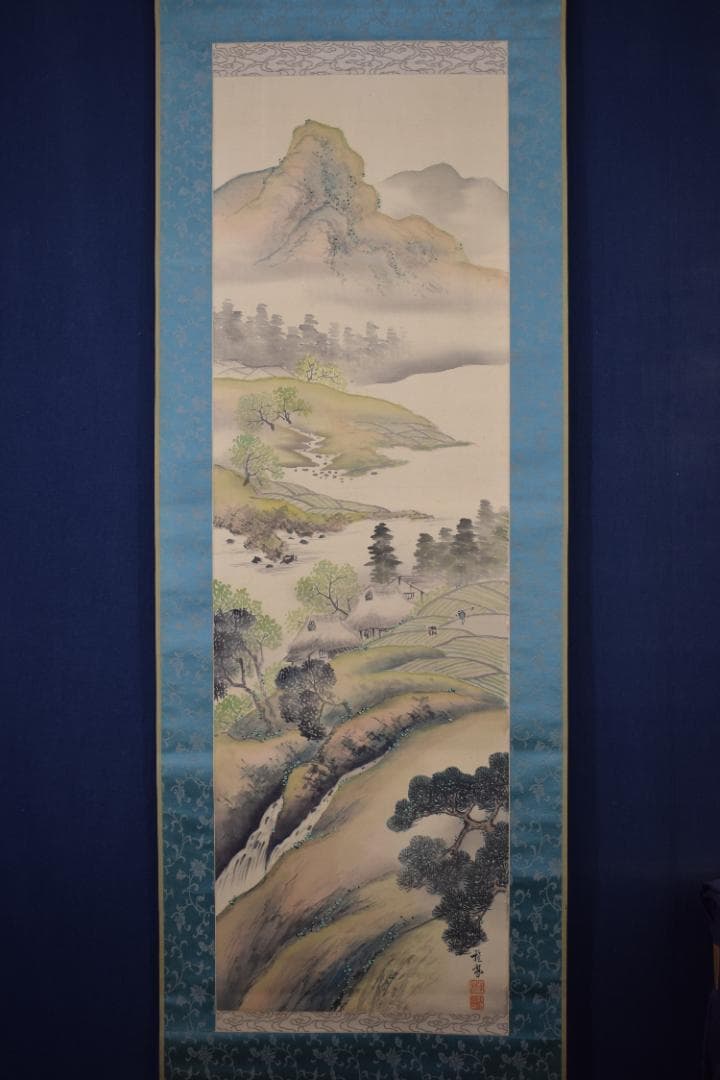 【真作】吉原雅鳳/春景山水図/農耕之図/青緑山水図/掛軸☆宝船☆Y-484　JM