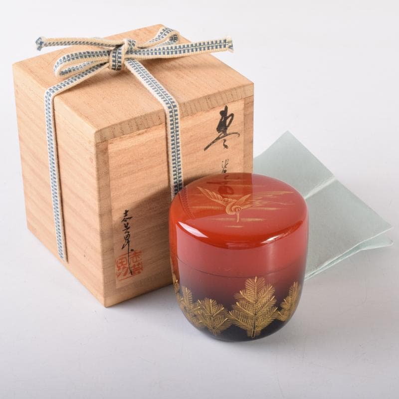 茶道具　輪島塗　前志芸男作　沈金若松鳥蒔絵　棗　共箱　V　7098