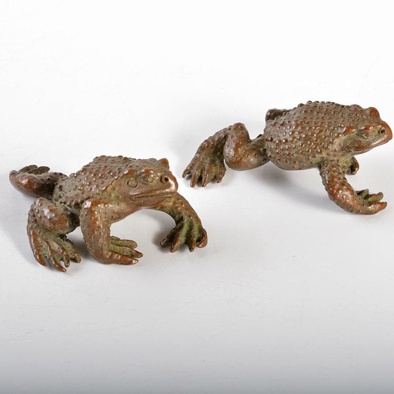 中国　古銅　蛙　紙鎮　置物　一對　C　R6733E