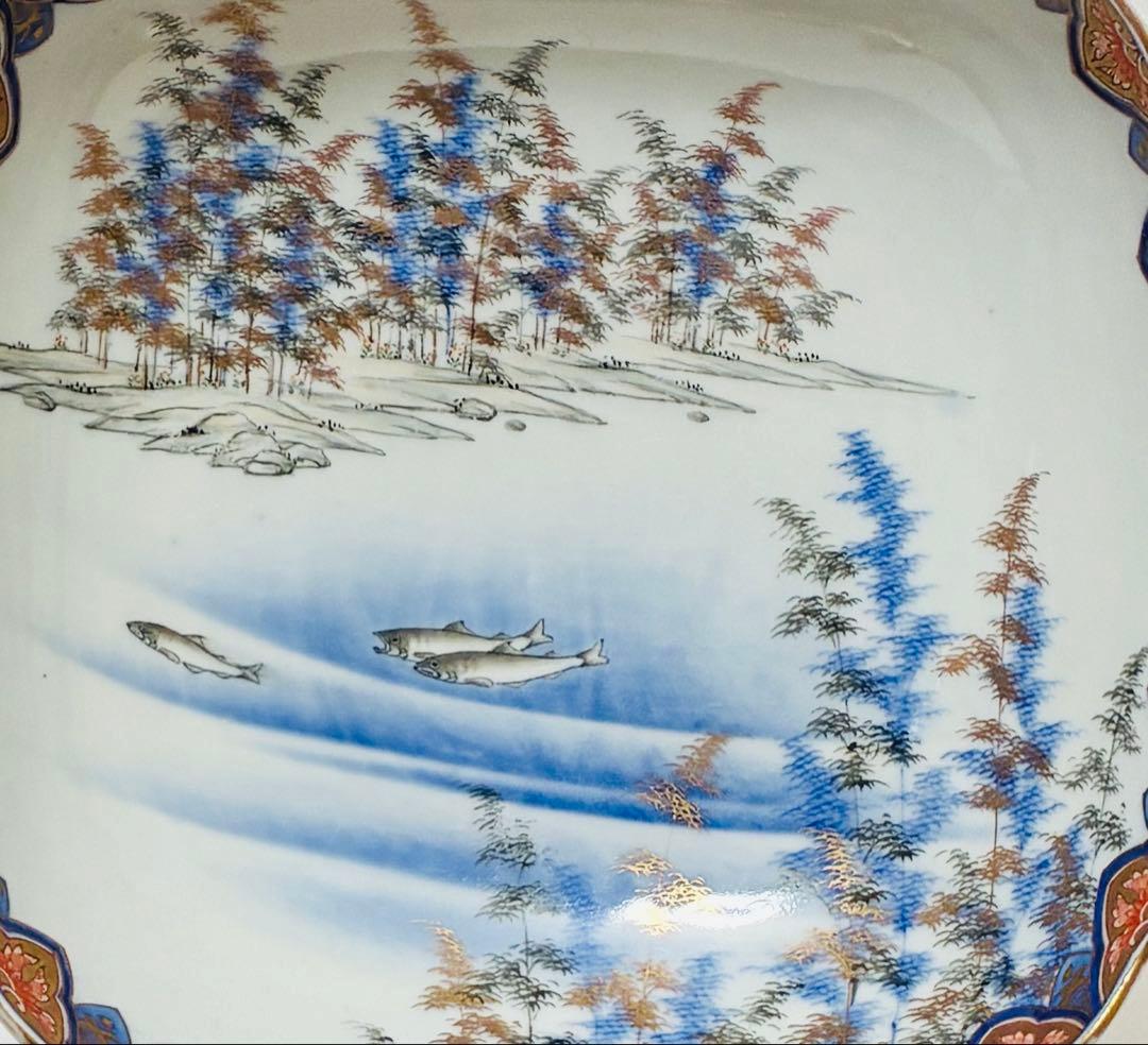 明治 香蘭社 有田焼 オールド香蘭社 代表意匠 色絵竹林鮎文 大鉢