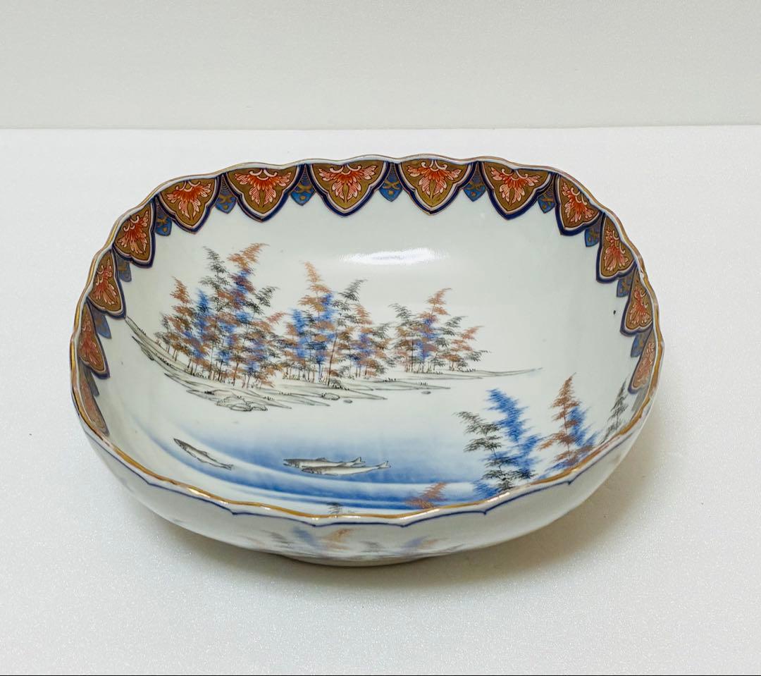 明治 香蘭社 有田焼 オールド香蘭社 代表意匠 色絵竹林鮎文 大鉢