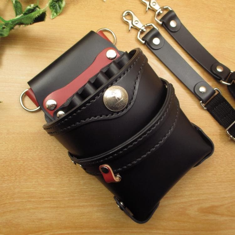 ブラック＆赤色　５丁差し　本革シザーケース　SCA-40/CKA