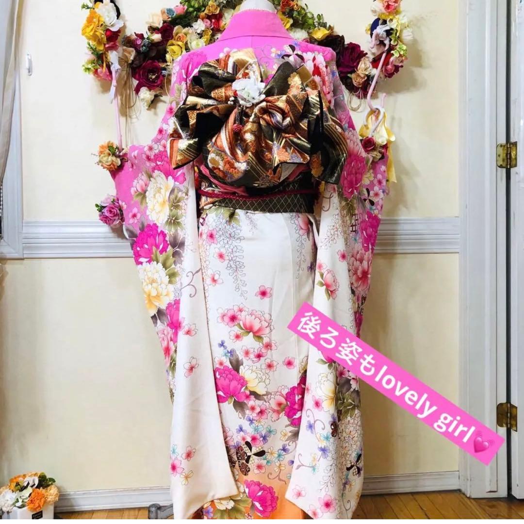 振袖フルセット‼️振袖ブランドLakokuIa❤️白地ピンク花々金彩 小物付 秀品‼️
