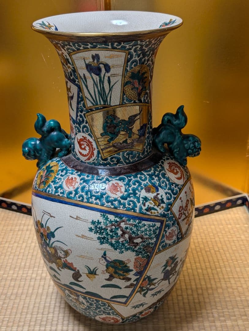 九谷焼　角福　青手　壺　花瓶 『双耳飾壺』