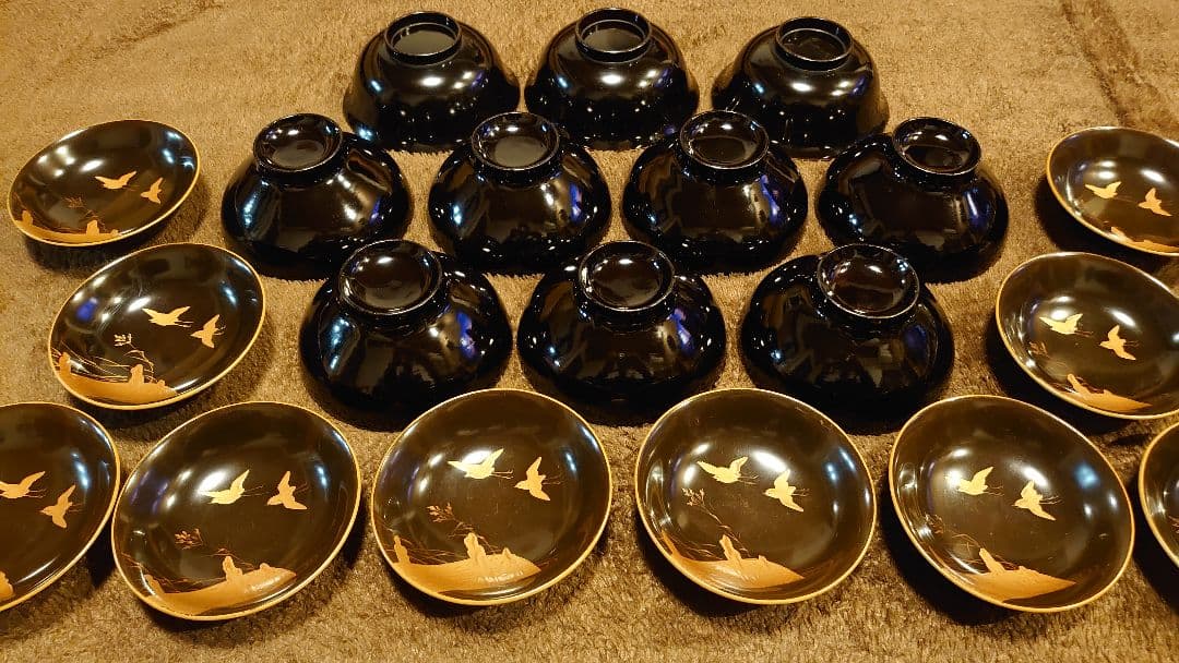 輪島塗　金蒔絵　蒔絵　波千鳥　蓋椀　１０客