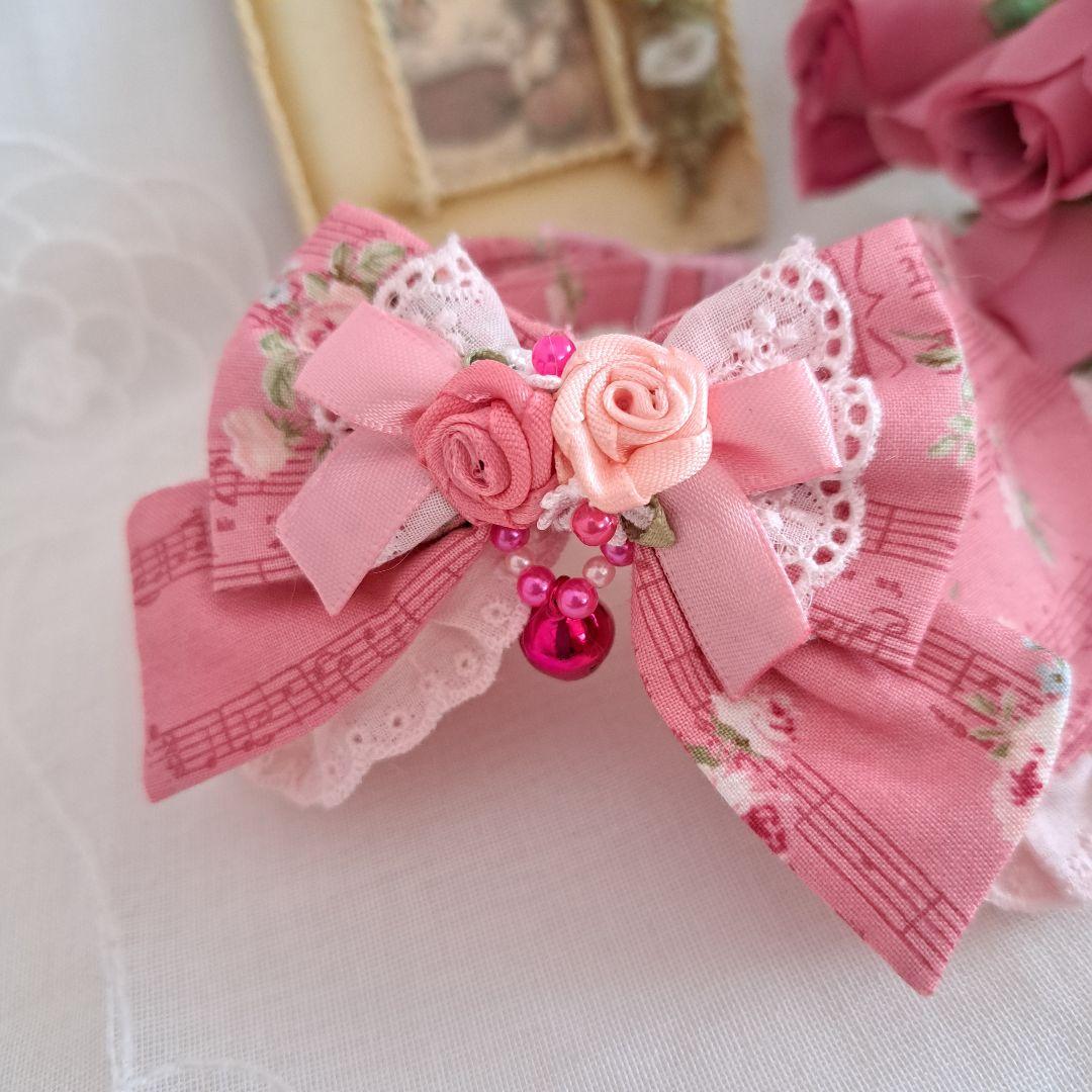 ローズ柄(コーラルピンク)わんちゃん猫ちゃん用襟付首輪