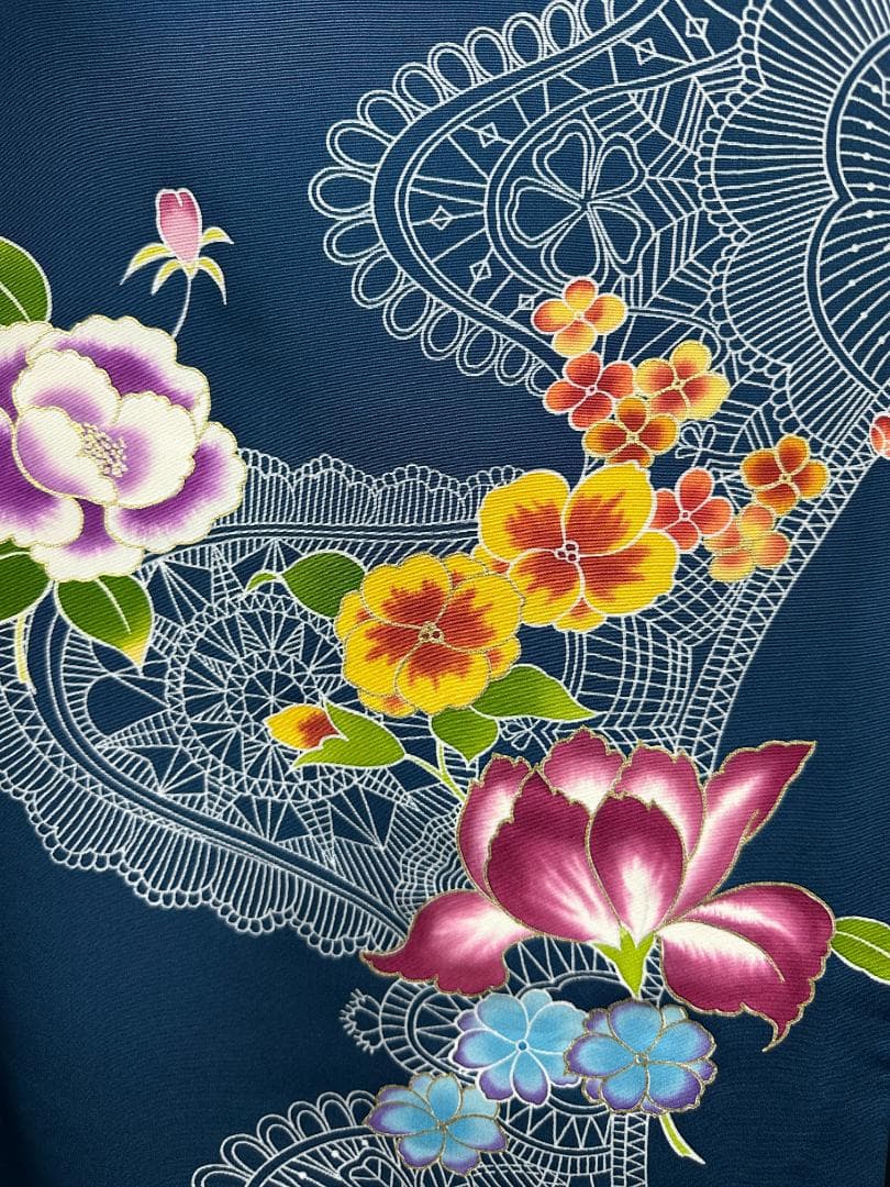 誰が袖好み 高島屋×千總 群青色 手描き友禅 振袖 落款あり