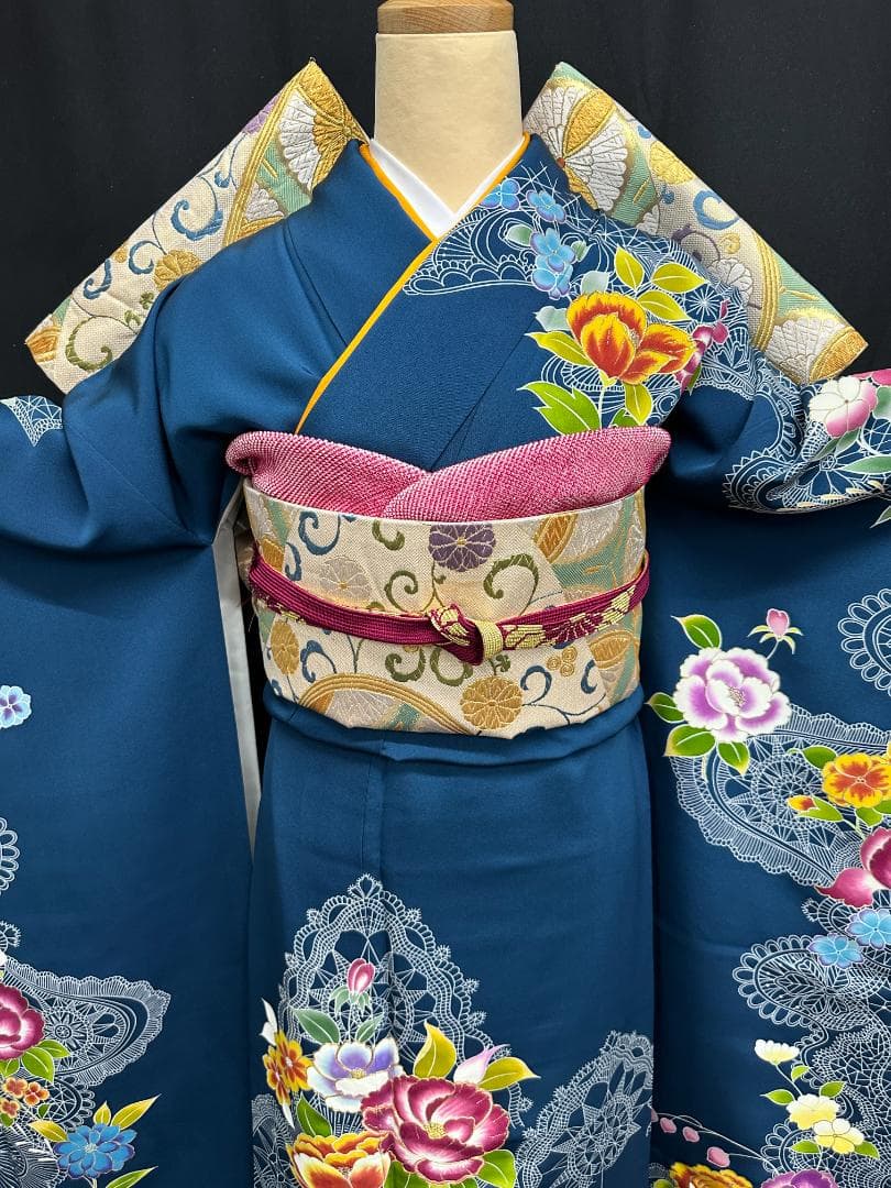 誰が袖好み 高島屋×千總 群青色 手描き友禅 振袖 落款あり