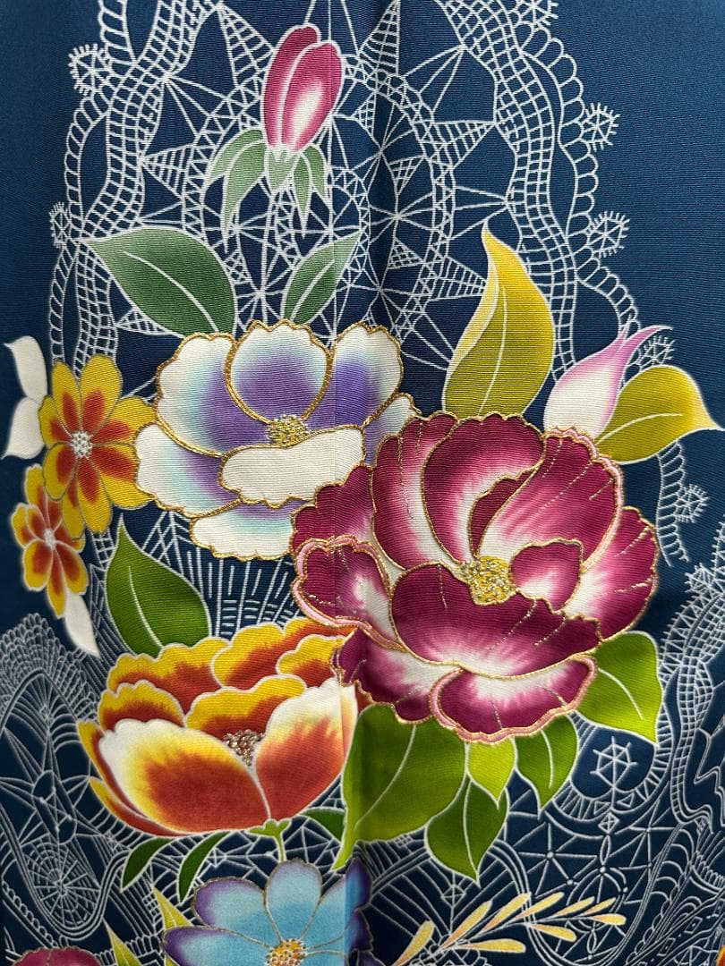 誰が袖好み 高島屋×千總 群青色 手描き友禅 振袖 落款あり