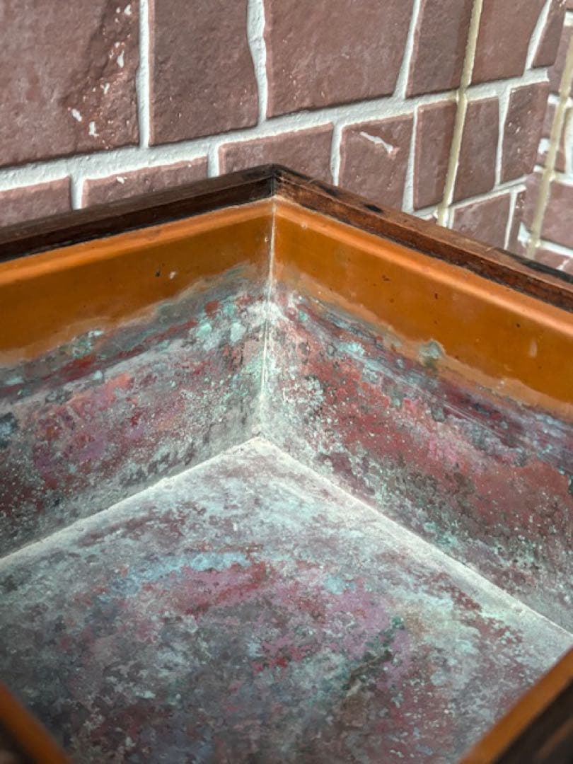 時代火道具 唐木 四方火鉢 紫檀瓶掛 角火鉢 銅おとし付 象嵌細工 旧家煎茶道具